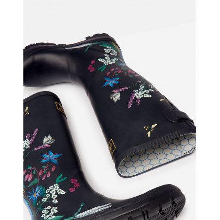 Bottes de pluie bleu foncé motif fleurs et abeilles