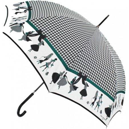 Parapluie droit silhouettes liseret vert motif pied de poule