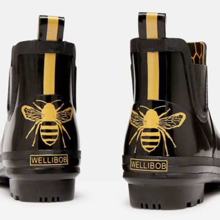 Bottine de pluie femme en noir brillant abeille