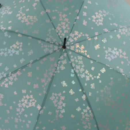 Parapluie droit vert d'eau Pierre Cardin papillons argent effet métallique