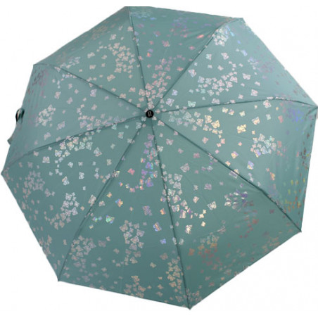 Parapluie pliant vert d'eau Pierre Cardin papillons argent effet métallique