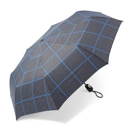 Parapluie pliant motif pied de poule gris bleu Cardin