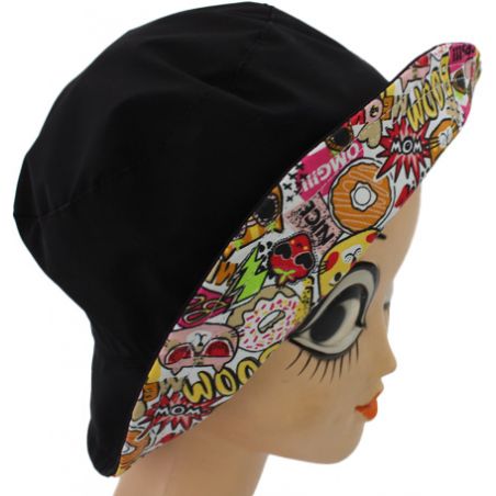 Chapeau de pluie noir revers motif Pop Art