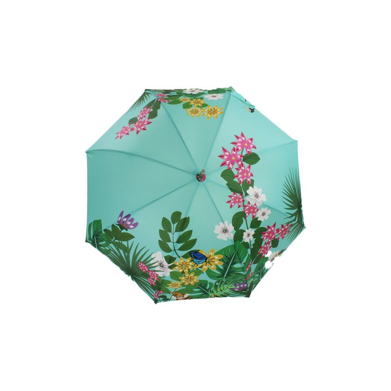 Parapluie canne fleurs jungle vert céladon fabrication française