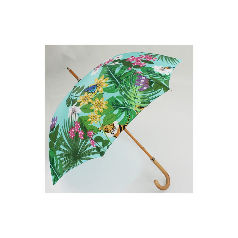 Parapluie canne fleurs jungle vert céladon fabrication française
