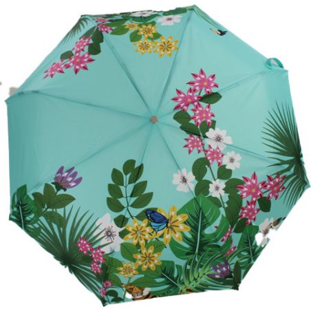 Parapluie vert céladon jungle pliant ouverture et fermeture automatique fleurs fabrication française