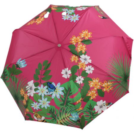 Parapluie rose jungle pliant ouverture et fermeture automatique fleurs fabrication française