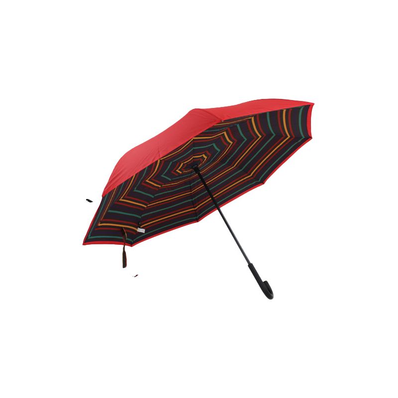 Parapluie inversé rouge rayures multicolores