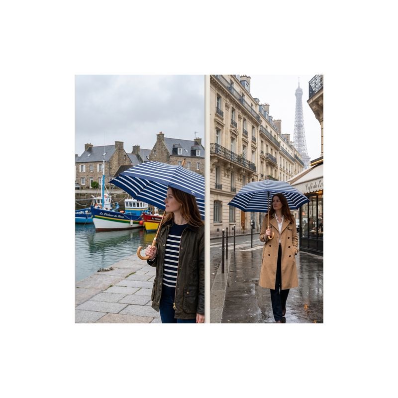 Parapluie canne marinière bleu fabrication française
