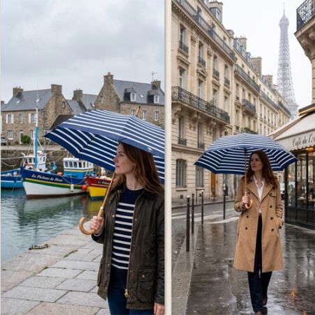 Parapluie canne marinière bleu fabrication française