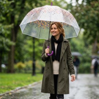 Parapluie transparent motif fleurs violettes forme cloche