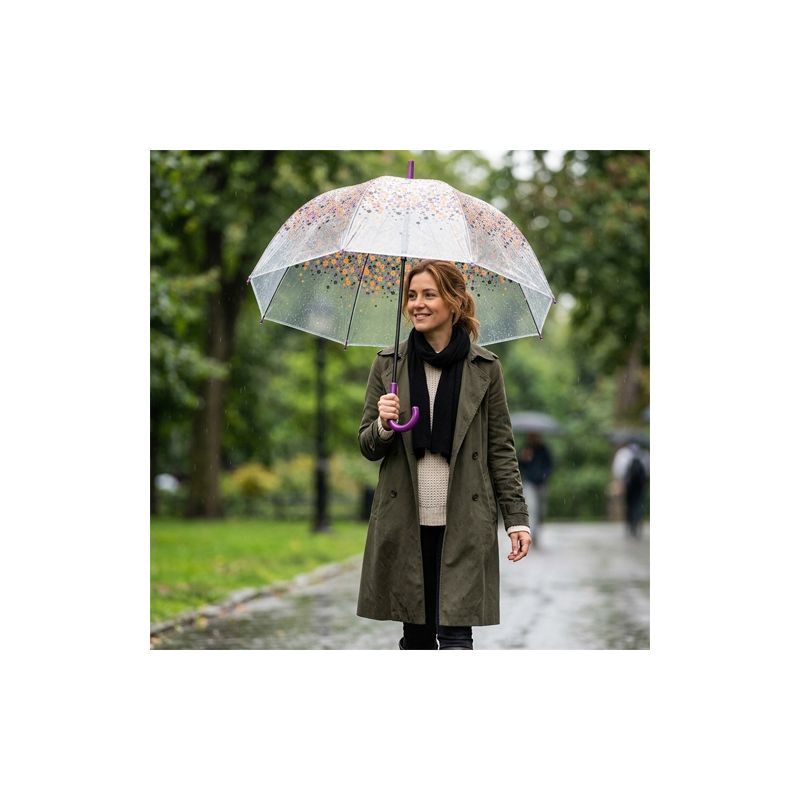 Parapluie transparent motif fleurs violettes forme cloche