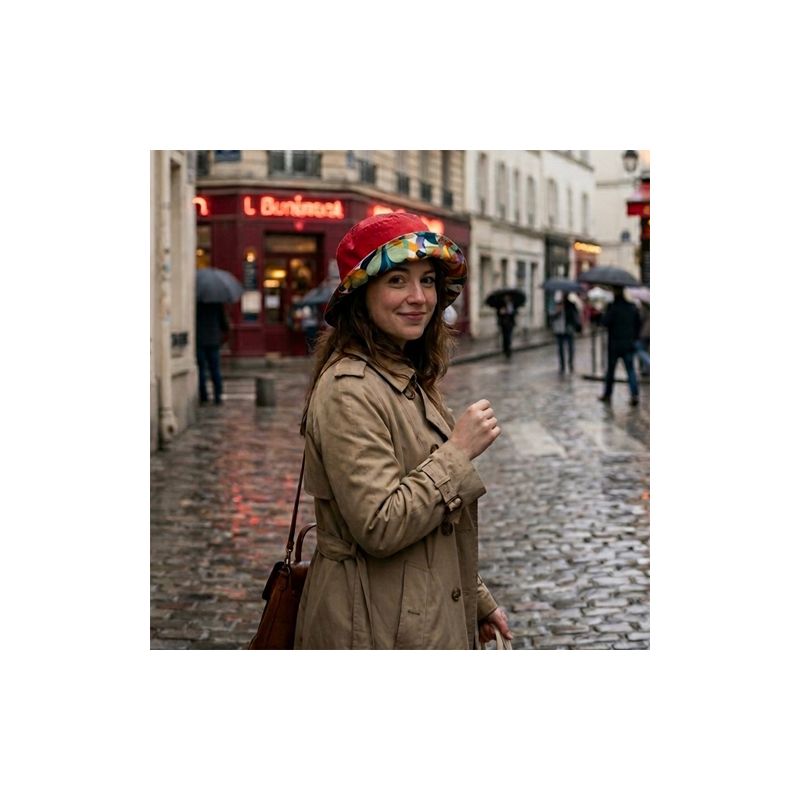 Chapeau de pluie rouge revers floral rouge