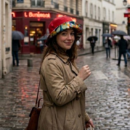 Chapeau de pluie rouge revers floral rouge
