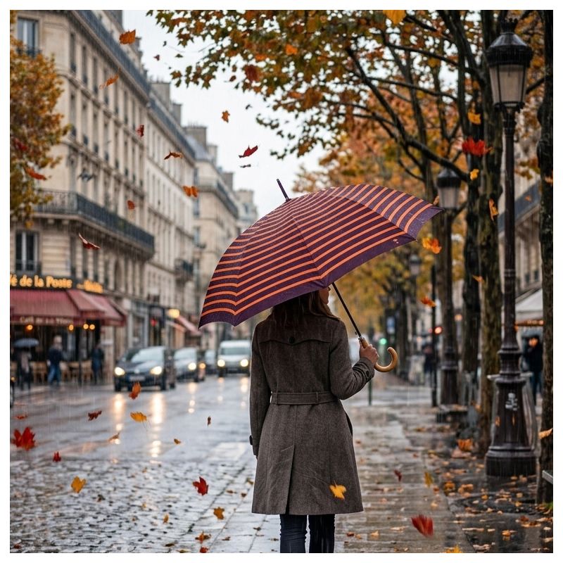 Parapluie canne marinière violet et orange fabrication française