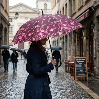 Parapluie canne Benetton fleurs et fond chocolat