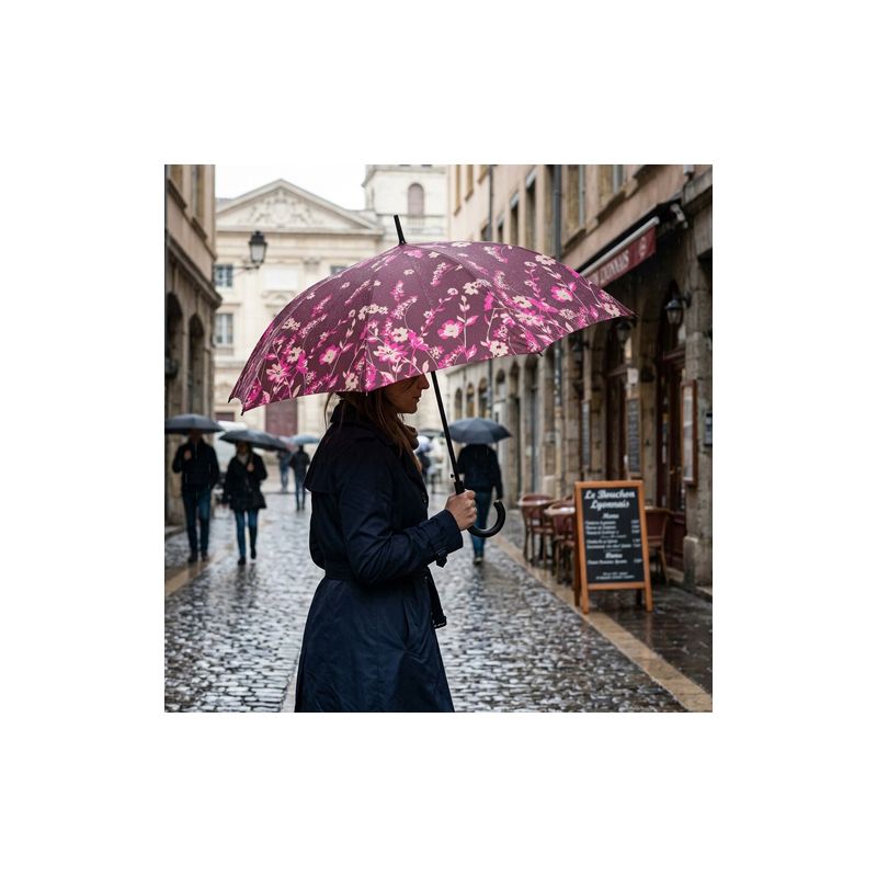 Parapluie canne Benetton fleurs et fond chocolat