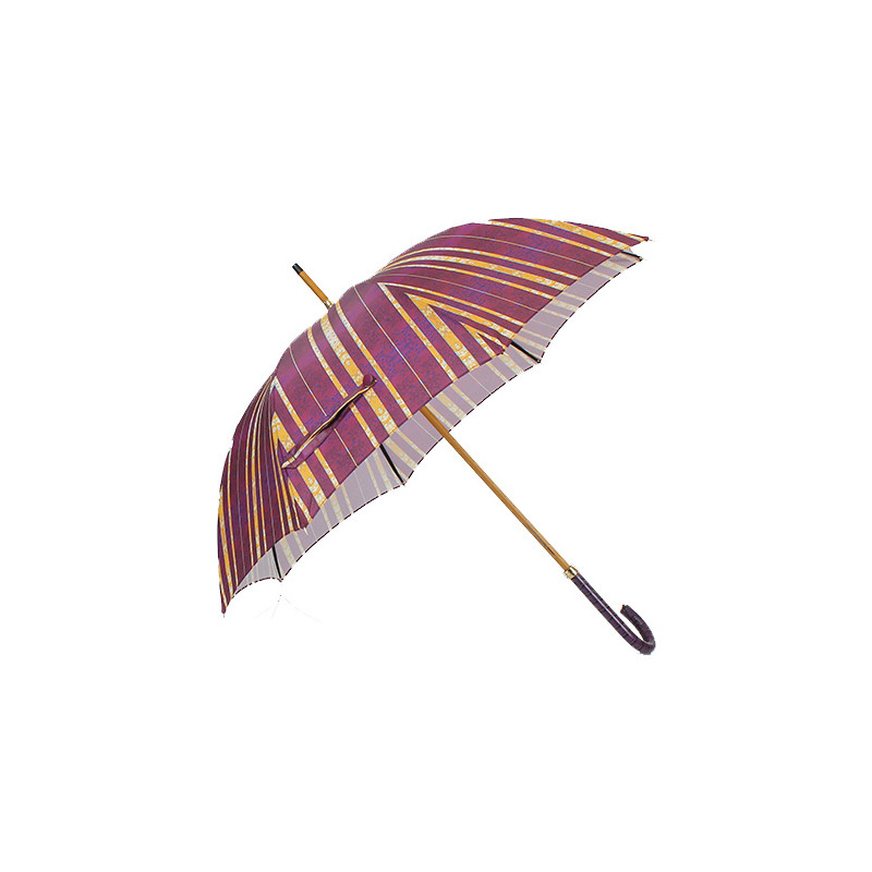 Parapluie canne bandes violettes poignée cuir mauve