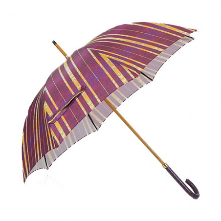Parapluie canne bandes violettes poignée cuir mauve