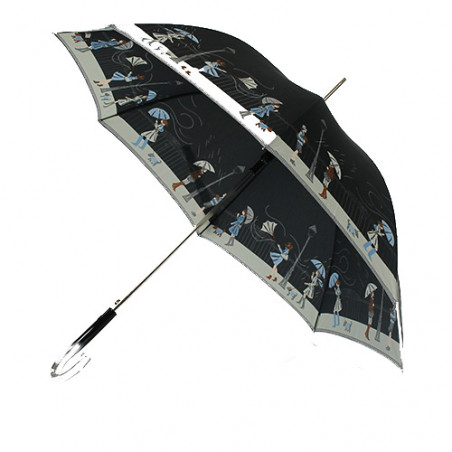 Parapluie noir femme motif tempête en ville