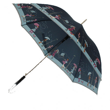 Parapluie bleu femme motif tempête en ville