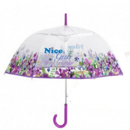 Parapluie cloche transparent fleurs poignée violette