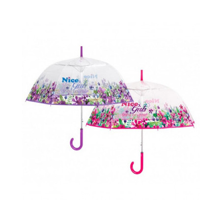 Parapluie cloche transparent fleurs poignée violette