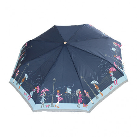 Parapluie pliant bleu femme motif tempête en ville