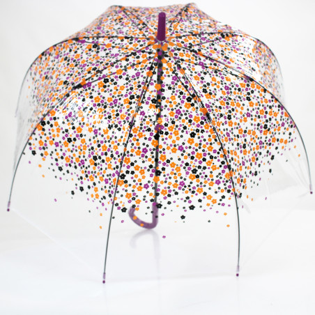Parapluie transparent motif fleurs violettes forme cloche
