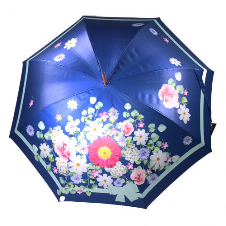 Parapluie canne fleurs et bleu marine fabrication française