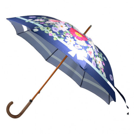 Parapluie canne fleurs et bleu marine fabrication française