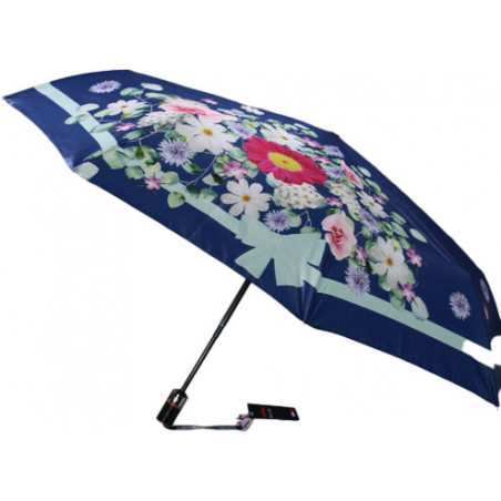 Parapluie bleu pliant ouverture et fermeture automatique fleurs fabrication française